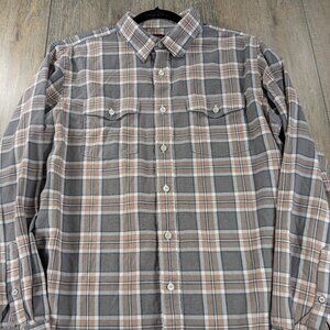 UnTuckit Shirt Mens Large Gray Beige Plaid Button Up Long Sleeve Slim Fit Pocket